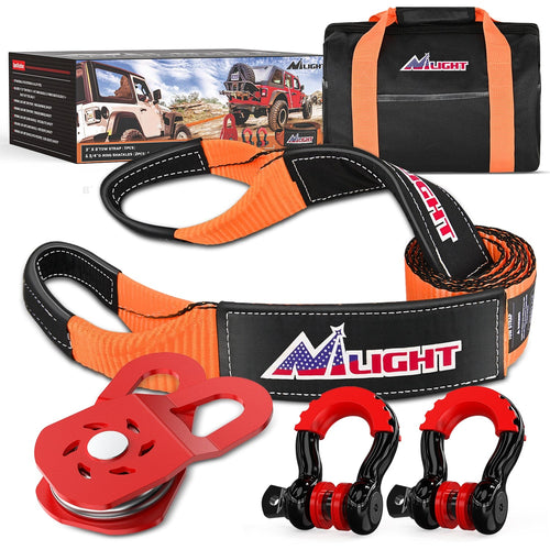 Nilight 3 x 8 Inch Tow Strap with Winch Snatch Block Pulley and D-Ring Shackles
