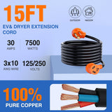 Nilight 15FT EV Dryer Extension Cord 3 Prong 30 Amp NEMA 10-30P 10-30R Old Dryer Extension Cable Heavy Duty 10 Gauge Pure Copper Wire UL Listed 125/250V for Level 2 EV Charging, view 2