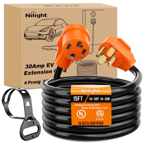 Nilight 15FT EV Dryer Extension Cord 4 Prong 30 Amp NEMA 14-30P 14-30R Old Cable Heavy Duty 10 Gauge Pure Copper Wire UL Listed 125/250V for Level 2 Using