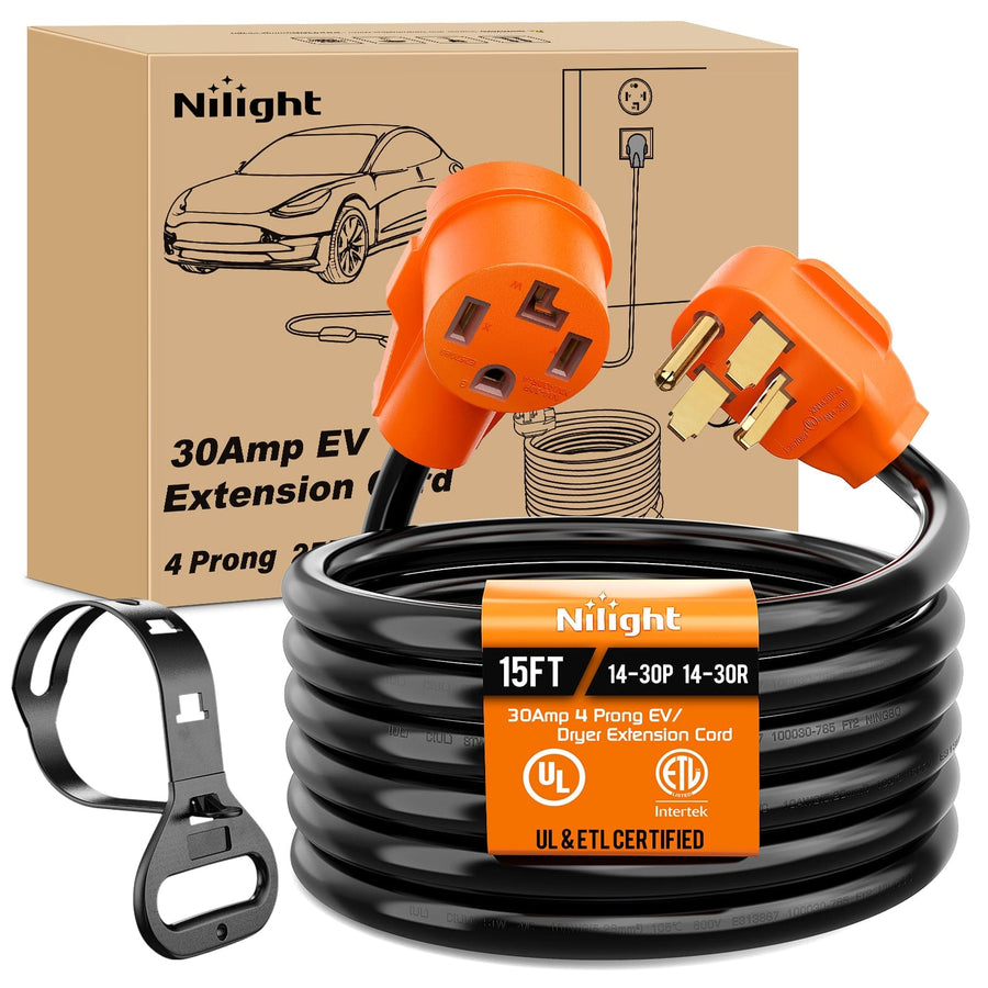 Nilight 15FT EV Dryer Extension Cord 4 Prong 30 Amp NEMA 14-30P 14-30R Old Cable Heavy Duty 10 Gauge Pure Copper Wire UL Listed 125/250V for Level 2 Using