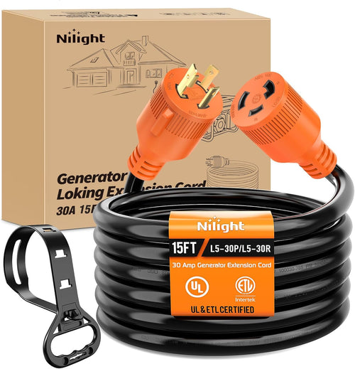Nilight 30 Amp 15FT Generator Extension Cord 3 Prong RV Power Cords | with Twist Lock Waterproof NEMA L5-30P L5-30R Cable Heavy Duty 10 AWG ETL Listed for RV Marine Boat Generators Outdoor Use