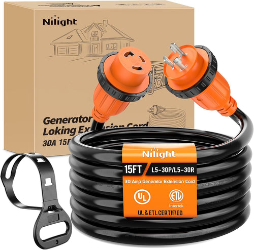 Nilight 30 Amp 15FT Generator Extension Cord 3 Prong Shore Power Cords | with Locking Waterproof NEMA L5-30P L5-30R Cable Heavy Duty 10 AWG ETL Listed for RV Marine Boat Generators Outdoor Use