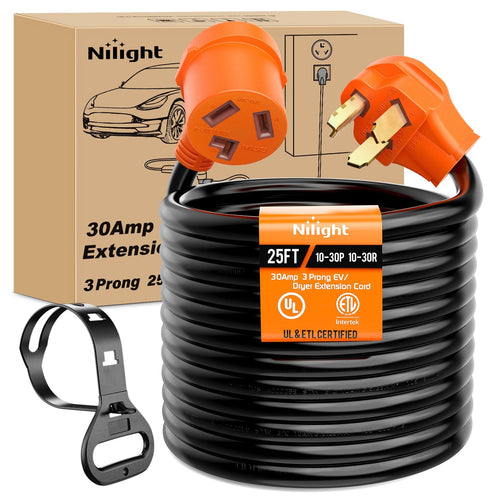 Nilight 25FT EV Dryer Extension Cord 3 Prong 30 Amp NEMA 10-30P 10-30R Old Dryer Extension Cable Heavy Duty 10 Gauge Pure Copper Wire UL Listed 125/250V for Level 2 EV Charging