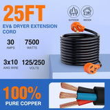 Nilight 25FT EV Dryer Extension Cord 3 Prong 30 Amp NEMA 10-30P 10-30R Old Dryer Extension Cable Heavy Duty 10 Gauge Pure Copper Wire UL Listed 125/250V for Level 2 EV Charging, view 2