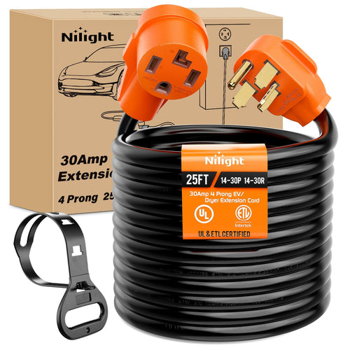 Nilight 25FT EV Dryer Extension Cord 4 Prong 30 Amp NEMA 14-30P 14-30R Old Cable Heavy Duty 10 Gauge Pure Copper Wire UL Listed 125/250V for Level 2 Using