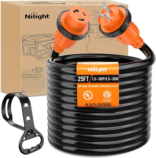Nilight 30 Amp 25FT Generator Extension Cord 3 Prong Shore Power Cords | with Locking Waterproof NEMA L5-30P L5-30R Cable Heavy Duty 10 AWG ETL Listed for RV Marine Boat Generators Outdoor Use