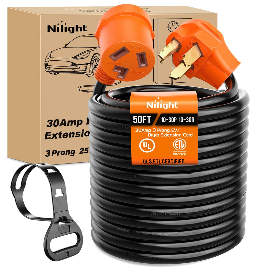 Nilight 50FT EV Dryer Extension Cord 3 Prong 30 Amp NEMA 10-30P 10-30R Old Extensions Cable Heavy Duty 10 Gauge Pure Copper Wire UL Listed 125/250V for Level 2 Using30 Amp 25FT 3 Prong EV Dryer Extension Cord