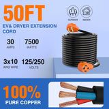 Nilight 50FT EV Dryer Extension Cord 3 Prong 30 Amp NEMA 10-30P 10-30R Old Extensions Cable Heavy Duty 10 Gauge Pure Copper Wire UL Listed 125/250V for Level 2 Using30 Amp 25FT 3 Prong EV Dryer Extension Cord, view 5