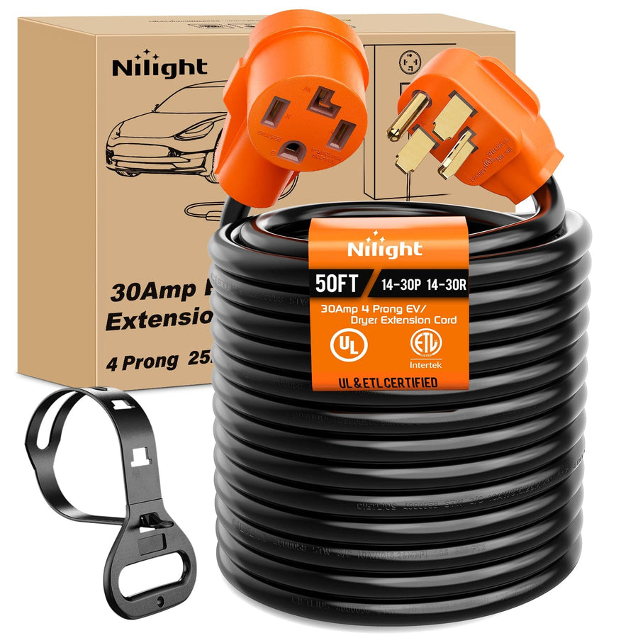 Nilight 50FT EV Dryer Extension Cord 4 Prong 30 Amp NEMA 14-30P 14-30R Old Cable Heavy Duty 10 Gauge Pure Copper Wire UL Listed 125/250V for Level 2 Using30 Amp 25FT 4 Prong EV Dryer Extension Cord