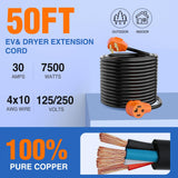 Nilight 50FT EV Dryer Extension Cord 4 Prong 30 Amp NEMA 14-30P 14-30R Old Cable Heavy Duty 10 Gauge Pure Copper Wire UL Listed 125/250V for Level 2 Using30 Amp 25FT 4 Prong EV Dryer Extension Cord, view 2