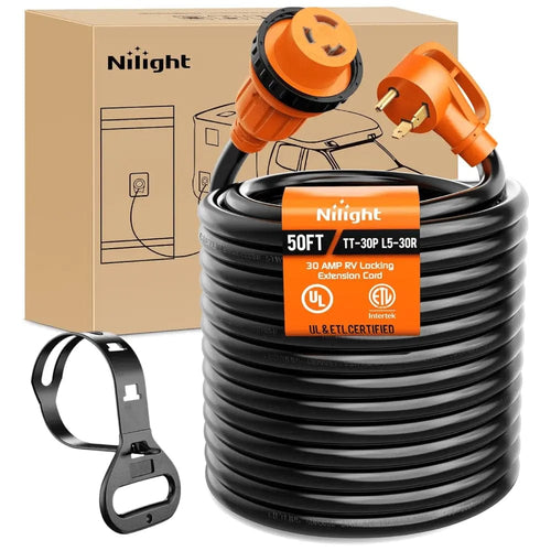 Nilight 30 Amp 50FT RV Locking Extension Cord 125V Heavy Duty 10 Gauge Pure Copper STW Wire ETL Listed 3 Prong TT-30P L5-30R 30F/30M Weatherproof Suit for Camper Trailer (25% OFF Final Checkout)