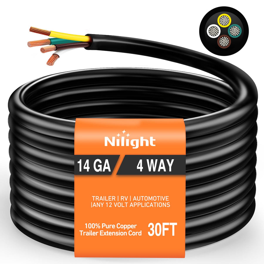 Nilight 30 Feet 4 Way Trailer Wire Extension Cable 14 Gauge 4 Conductor | 100% Pure Copper Insulated Heavy Duty Weatherproof for 4 Pin Blade RV Automotive