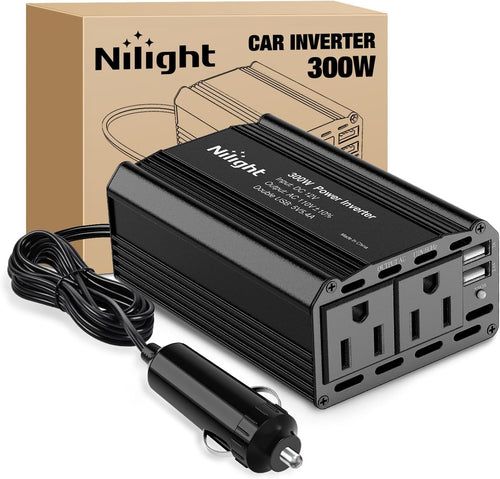 Nilight 300W Power Inverter 12V DC to 110V AC Car Charger Converter with 5.4A Dual USB Ports and 2 AC Outlets for Phones Tablets Laptop Computer Game Console Kindle iPad DVD Players Black