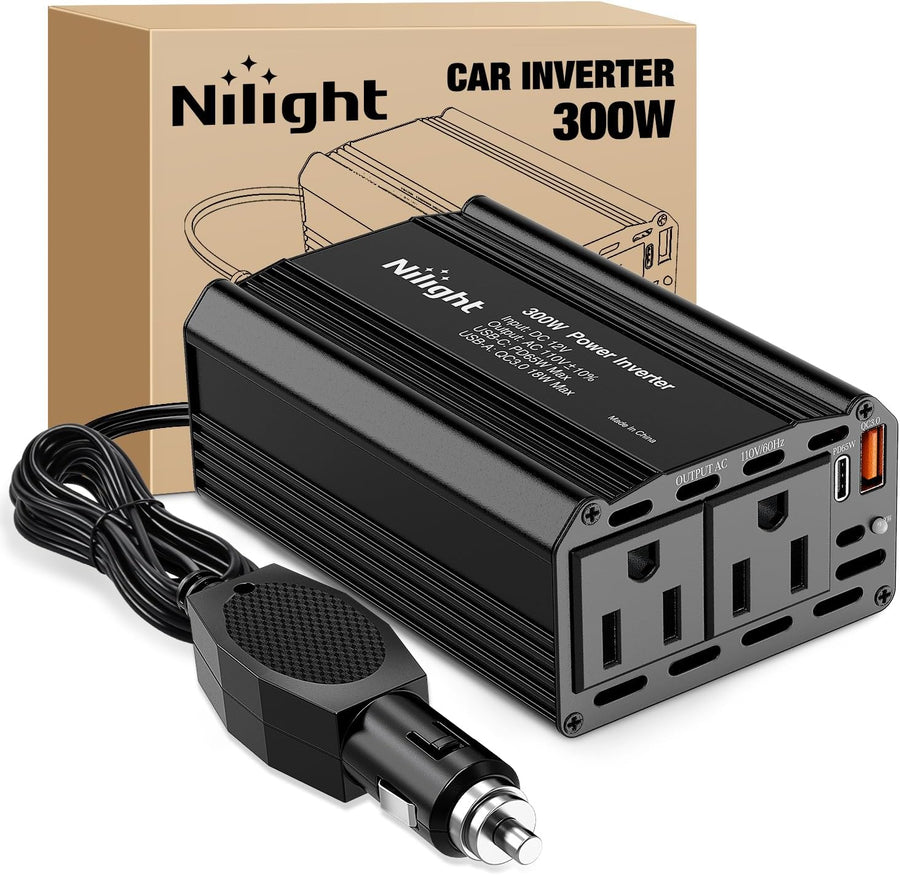 Nilight 300W Power Inverter 12V DC to 110V AC Car Converter with PD 65W USB C & QC3.0 for Phones Tablets Laptop Computer Game Console Kindle iPad DVD Players Black