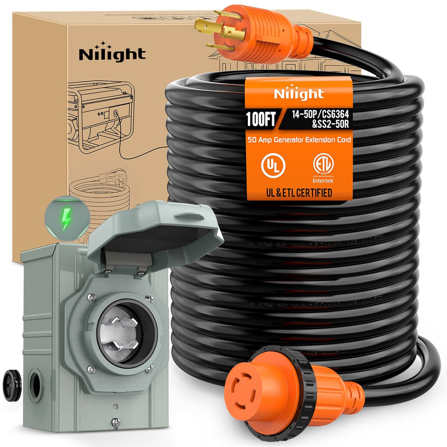 Nilight 30A 100FT Generator Extension Cord Power Inlet Box with Locking Connector 125/250V 7500W 10 Gauge STW ETL Listed 4 Prong L14-30P L14-30R Cable for RV Outdoor Use