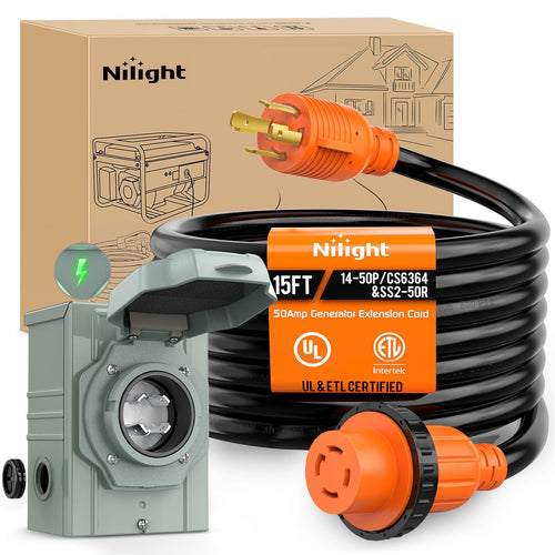 Nilight 30A 15FT Generator Extension Cord Power Inlet Box with Locking Connector 125/250V 7500W 10 Gauge STW ETL Listed 4 Prong L14-30P L14-30R Cable for RV Outdoor Use