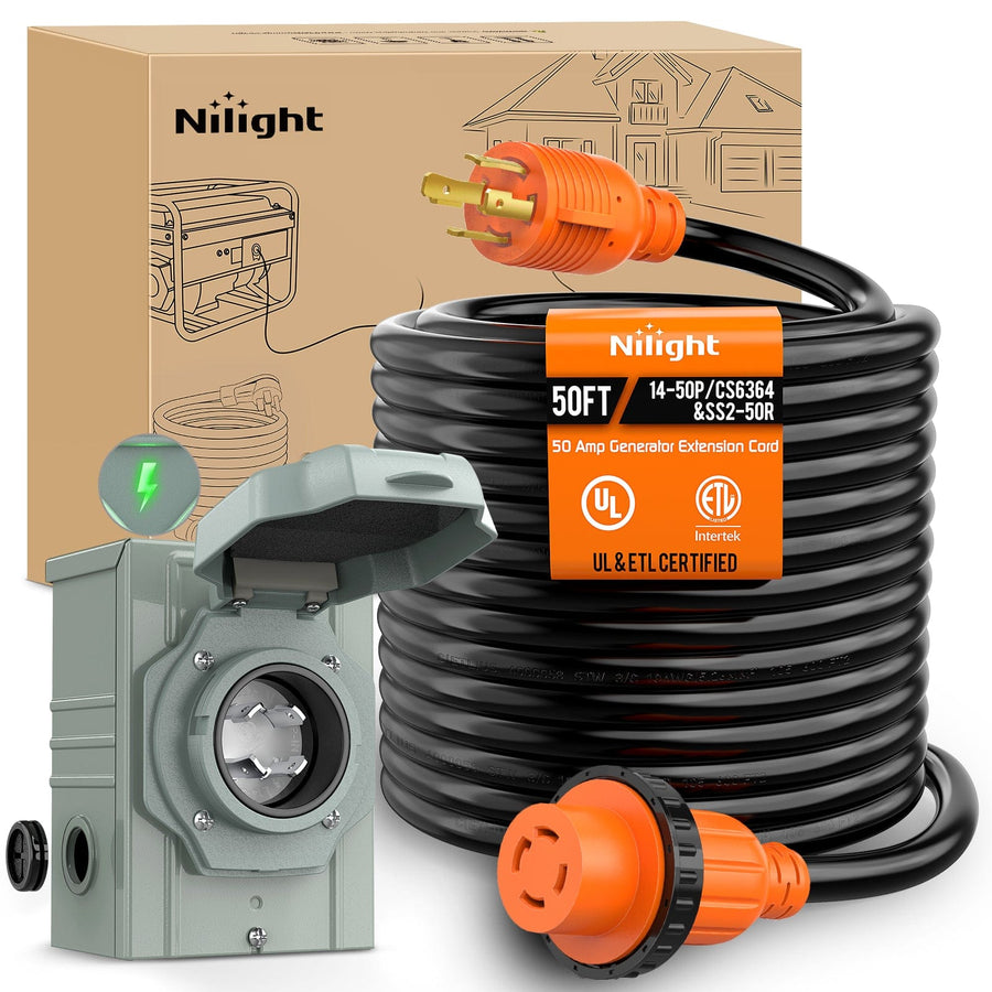 Nilight 30A 50FT Generator Extension Cord Power Inlet Box with Locking Connector 125/250V 7500W 10 Gauge STW ETL Listed 4 Prong L14-30P L14-30R Cable for RV Outdoor Use