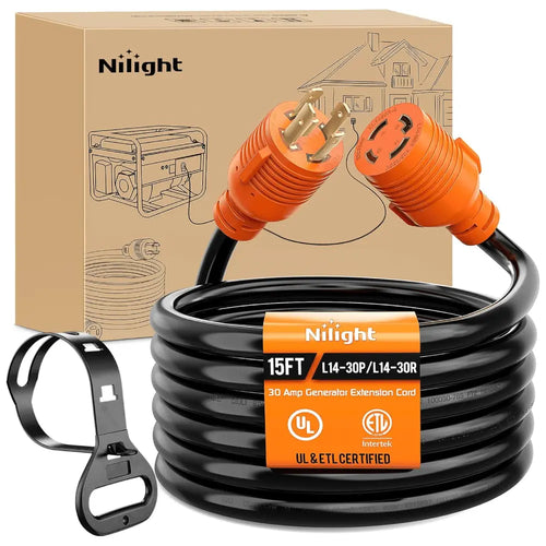 Nilight 30 Amp 15FT Generator Extension Cord 125/250V 7500 Watt Heavy Duty 10 Gauge Pure Copper STW Wire ETL Listed 4 Prong L14-30P L14-30R Cable for RV Camper Outdoor Use