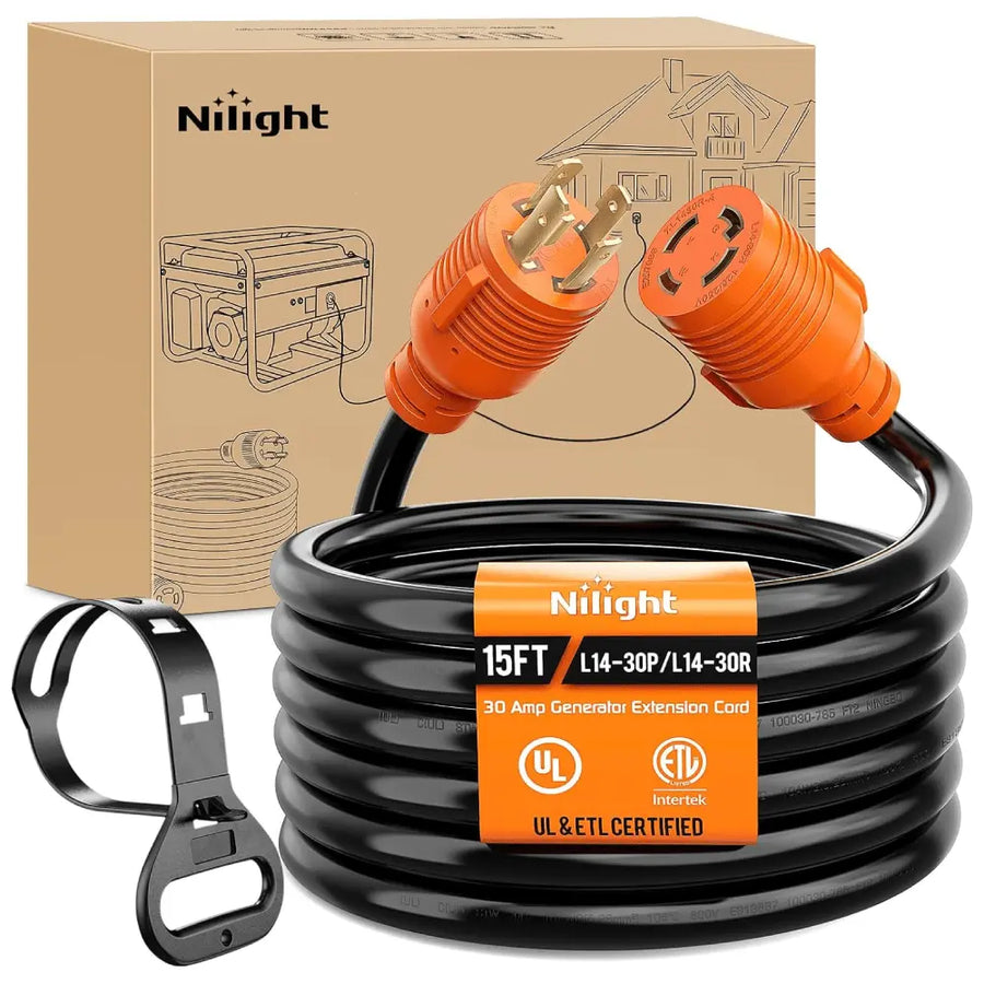 Nilight 30 Amp 15FT Generator Extension Cord 125/250V 7500 Watt Heavy Duty 10 Gauge Pure Copper STW Wire ETL Listed 4 Prong L14-30P L14-30R Cable for RV Camper Outdoor Use