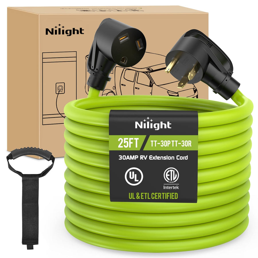 Nilight 25FT 30 Amp RV Extension Cord 125V Heavy Duty 10/3 Gauge Pure Copper STW Wire UL ETL Listed 3 Prong TT-30P TT-30R Weatherproof Suit for Camper Caravan Trailer Bright Green