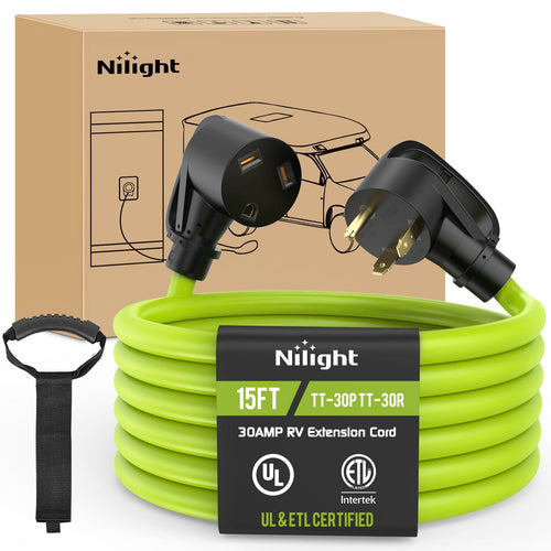 Nilight 15FT 30 Amp RV Extension Cord 125V Heavy Duty 10/3 Gauge Pure Copper STW Wire UL ETL Listed 3 Prong TT-30P TT-30R Weatherproof Suit for Camper Caravan Trailer Bright Green