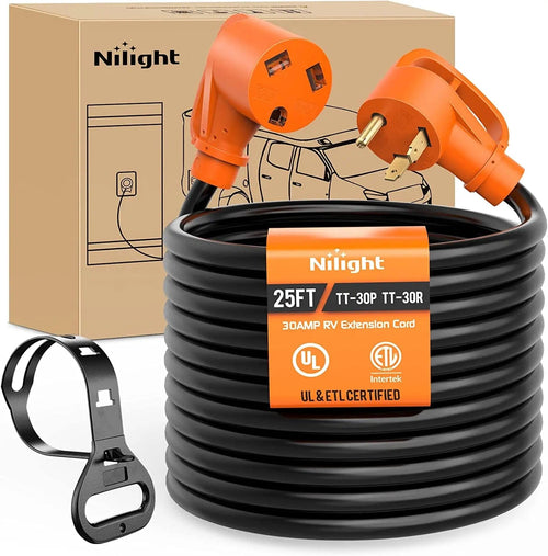 Nilight 30 Amp 25FT RV Extension Cord 125V Heavy Duty 10 Gauge Pure Copper STW Wire UL ETL Listed 3 Prong TT-30P TT-30R 30F/30M Weatherproof Suit for Camper Caravan Trailer