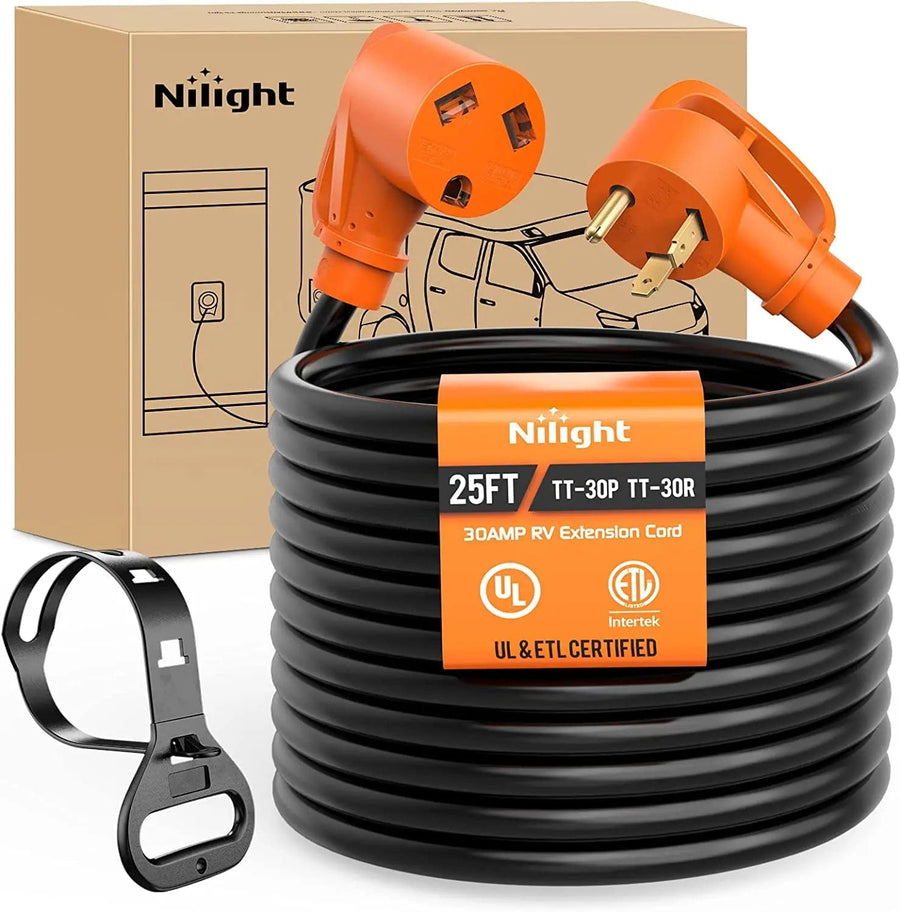 Nilight 30 Amp 25FT RV Extension Cord 125V Heavy Duty 10 Gauge Pure Copper STW Wire UL ETL Listed 3 Prong TT-30P TT-30R 30F/30M Weatherproof Suit for Camper Caravan Trailer