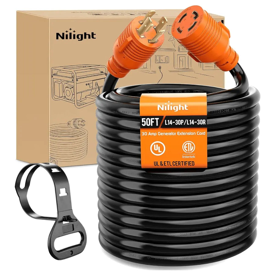 Nilight 30 Amp 50FT Generator Extension Cord 125/250V 7500 Watt Heavy Duty 10 Gauge Pure Copper STW Wire ETL Listed 4 Prong L14-30P L14-30R Cable for RV Camper Outdoor Use