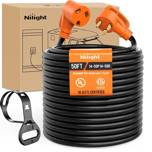 Nilight 30 Amp 50FT RV Extension Cord 125V Heavy Duty 10 Gauge Pure Copper STW Wire UL ETL Listed 3 Prong TT-30P TT-30R 30F/30M Weatherproof Suit for Camper Caravan Trailer
