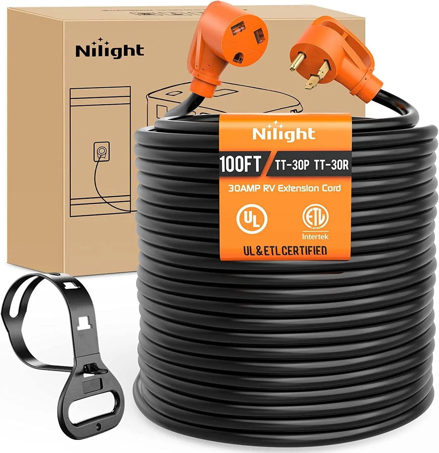Nilight 30 Amp 100FT RV Extension Cord 125V Heavy Duty 10 Gauge Pure Copper STW Wire UL ETL Listed 3 Prong TT-30P TT-30R 30F/30M Weatherproof Suit for Camper Caravan Trailer