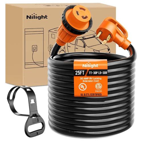 Nilight 30 Amp 25FT RV Locking Extension Cord 125V Heavy Duty 10 Gauge Pure Copper STW Wire ETL Listed 3 Prong TT-30P L5-30R 30F/30M Weatherproof Suit for Camper Trailer
