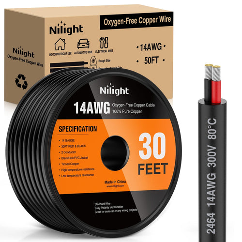 Nilight 30FT 14AWG Oxygen-Free Copper Wire Red Black Electrical Wire Stranded PVC Cord 2 Conductor Parallel 300V DC Flexible Extension Cords