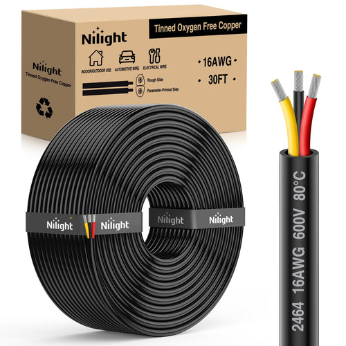Nilight 30FT 16AWG 3 Conductor Electrical Wire Tinned Oxygen Free Copper Red Black Yellow 3 Wires Parallel 600V DC Flexible PVC Case Extension Cords for LED Strips Lamps Lighting