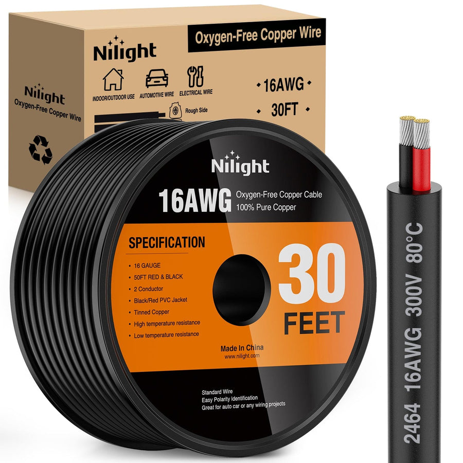 Nilight 30FT 16AWG Oxygen-Free Copper Wire Red Black Electrical Wire Stranded PVC Cord 2 Conductor Parallel 300V DC Flexible Extension Cords