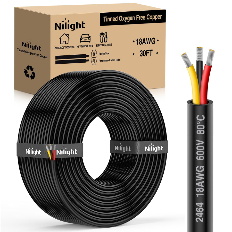 Nilight 30FT 18AWG 3 Conductor Electrical Wire Tinned Oxygen Free Copper Red Black Yellow 3 Wires Parallel 600V DC Flexible PVC Case Extension Cords for LED Strips Lamps Lighting