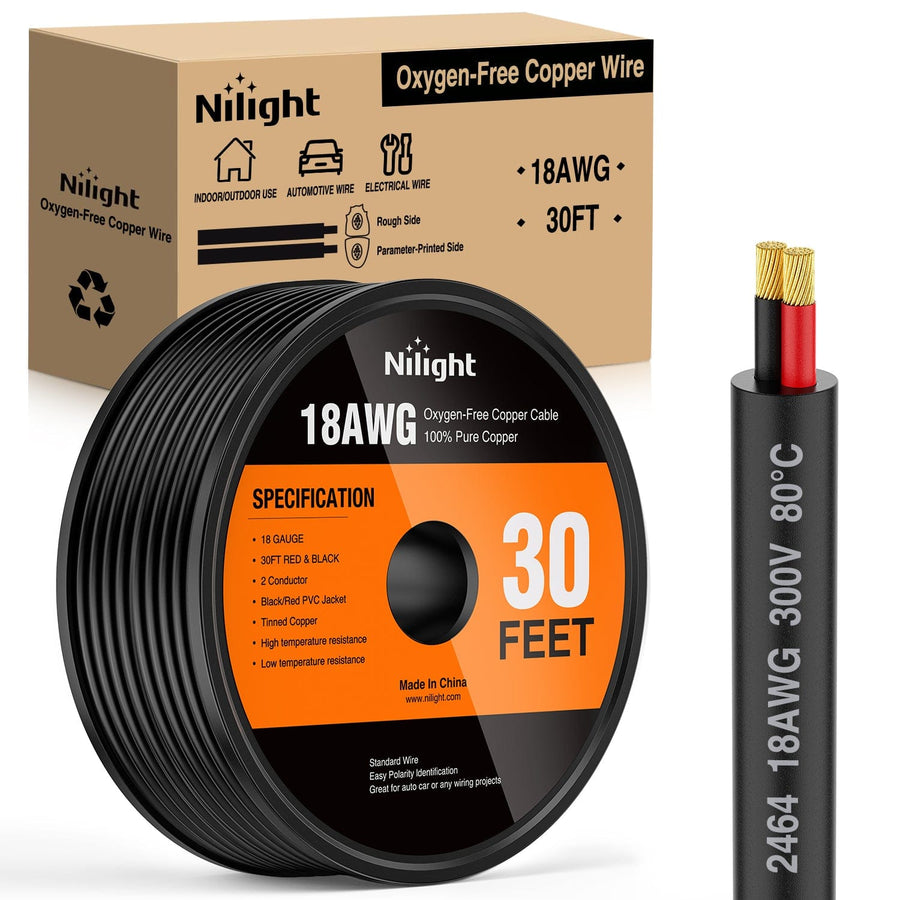 Nilight 30FT 18AWG Oxygen-Free Copper Wire Red Black Electrical Wire Stranded PVC Cord 2 Conductor Parallel 300V DC Flexible Extension Cords