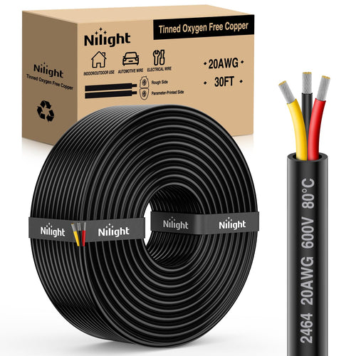 Nilight 30FT 20AWG 3 Conductor Electrical Wire Tinned Oxygen Free Copper Red Black Yellow 3 Wires Parallel 600V DC Flexible PVC Case Extension Cords for LED Strips Lamps Lighting (25% OFF Final Checkout)
