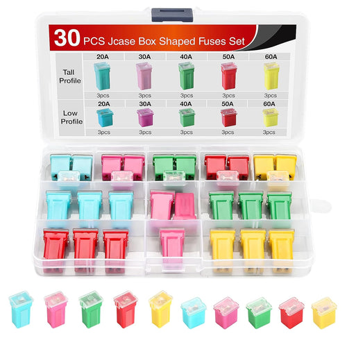 Nilight 30pcs Jcase Car Fuse Assortment Kit Low Tall STD Profile Box Shaped Fuses Replacement 20A 30A 40A 50A 60A for Cars Trucks SUVs RVs