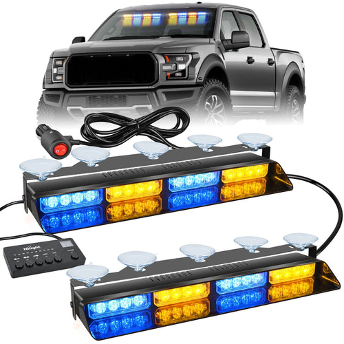 Nilight 32LED Amber Blue Emergency Dash Strobe Lights with Controller Suction Cups
