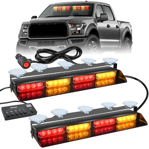 Nilight 32LED Amber Red Emergency Dash Strobe Lights with Controller Suction Cups