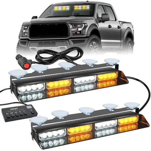 Nilight 32LED Amber White Emergency Dash Strobe Lights with Controller Suction Cups