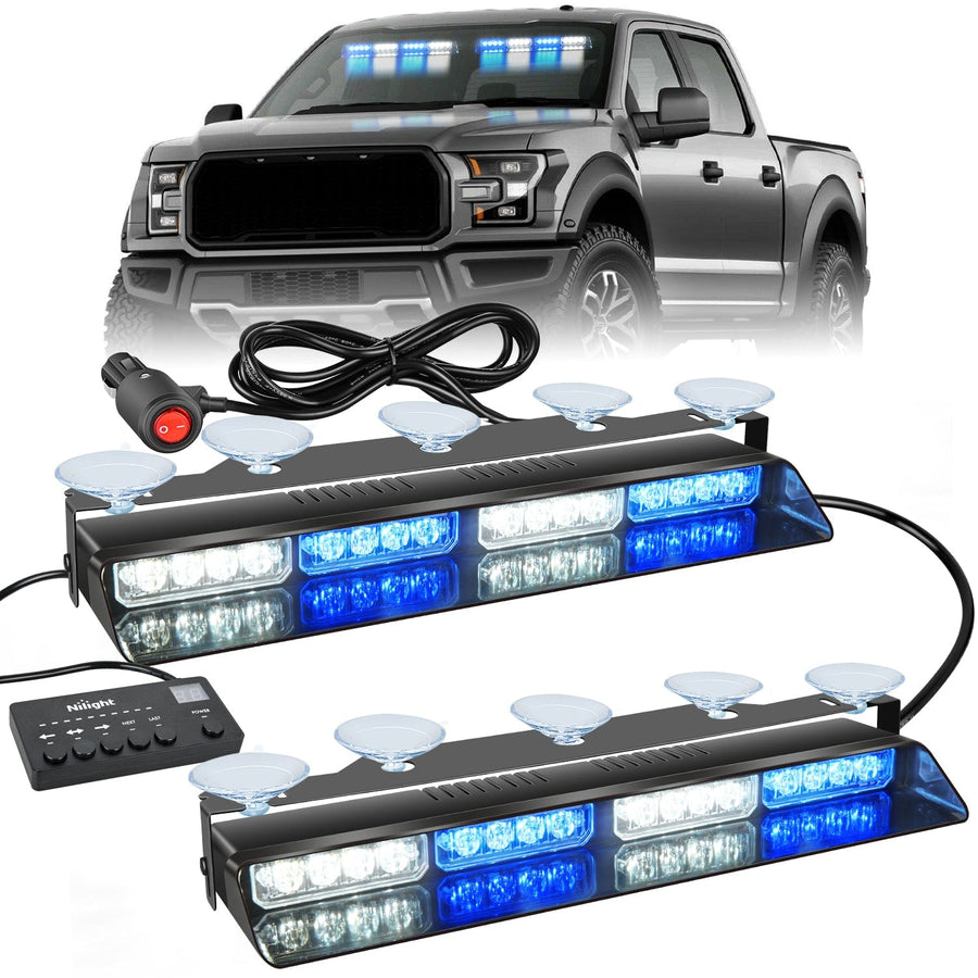 Nilight 32LED Blue White Emergency Dash Strobe Lights with Controller Suction Cups