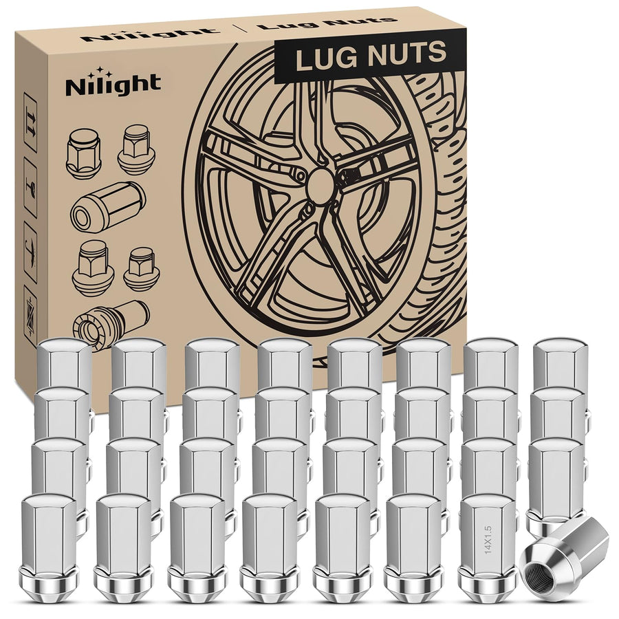 Nilight 32PCS M14x1.5 Lug Nuts Compatible with 2012+ RAM 2500 3500 | for 2008+ Chevy Silverado/GMC Sierra 2500 3500 One-Piece Solid Chrome Steel Aftermarket Wheel Nuts Replace