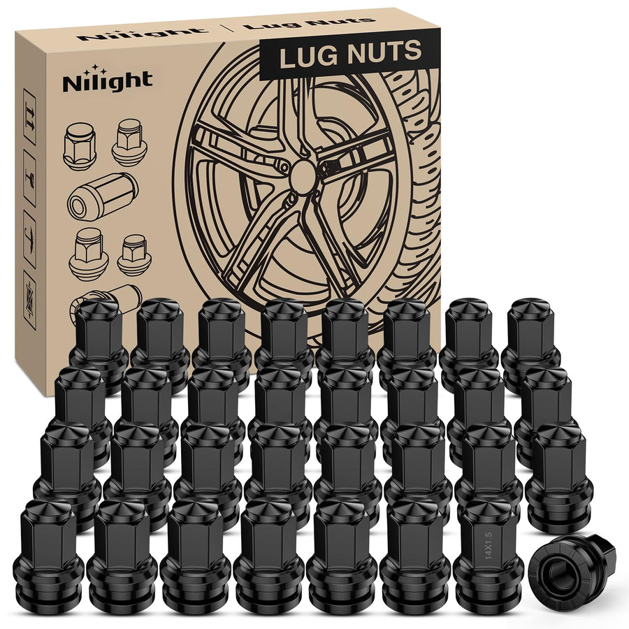 Nilight 32PCS M14x1.5 Lug Nuts Compatible with 2017-2025 Ford F250/F350 | Closed End Mag Seat One-Piece Solid Black Steel OEM Factory Wheel Nuts Replace