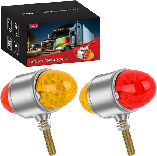 Nilight 34 LED Dual Face Watermelon Light 2PCS Amber and Red Clear Lens Auxiliary Side Marker Clearance Turn signal Brake Pedestal Lights IP68 Waterproof for Trailer Semi Trucks Pickup Camper RV