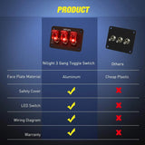 Nilight 3Gang 3Pin SPST ON/Off Red Rocker Switch Panel w/ LED Light Flip Cover, view 5