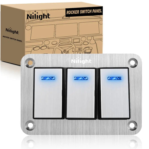 Nilight 3Gang Aluminum 3Pin ON/Off Blue Led Rocker Switch Panel