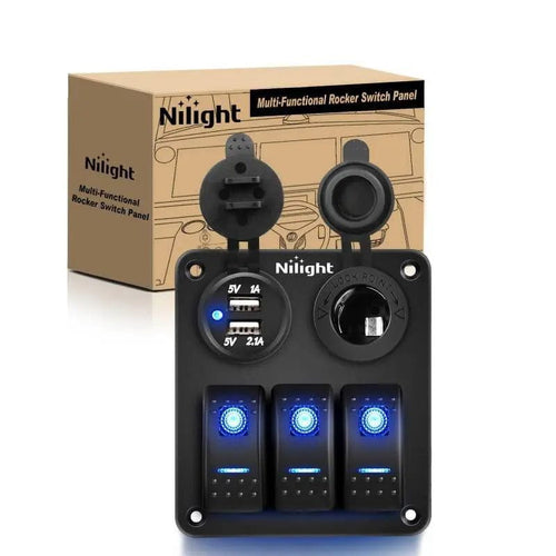 Nilight 3Gang Aluminum 5Pin ON/Off Blue Rocker Switch Panel w/ Dual USB Charger | Cigarette Lighter Socket