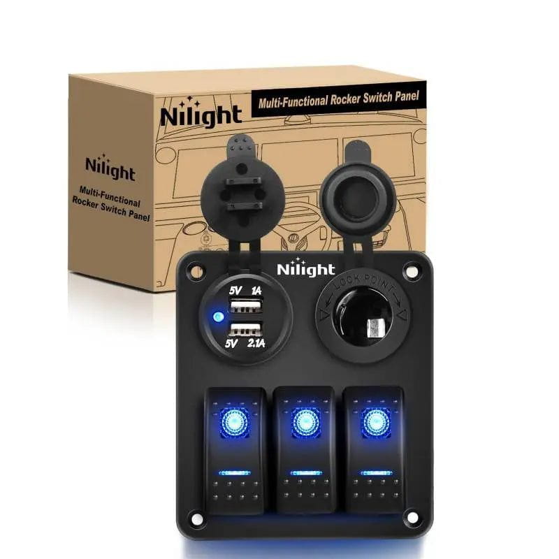 Nilight 3Gang Aluminum 5Pin ON/Off Blue Rocker Switch Panel w/ Dual USB Charger | Cigarette Lighter Socket