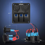 Nilight 3Gang Aluminum 5Pin ON/Off Blue Rocker Switch Panel w/ Dual USB Charger | Cigarette Lighter Socket, view 2